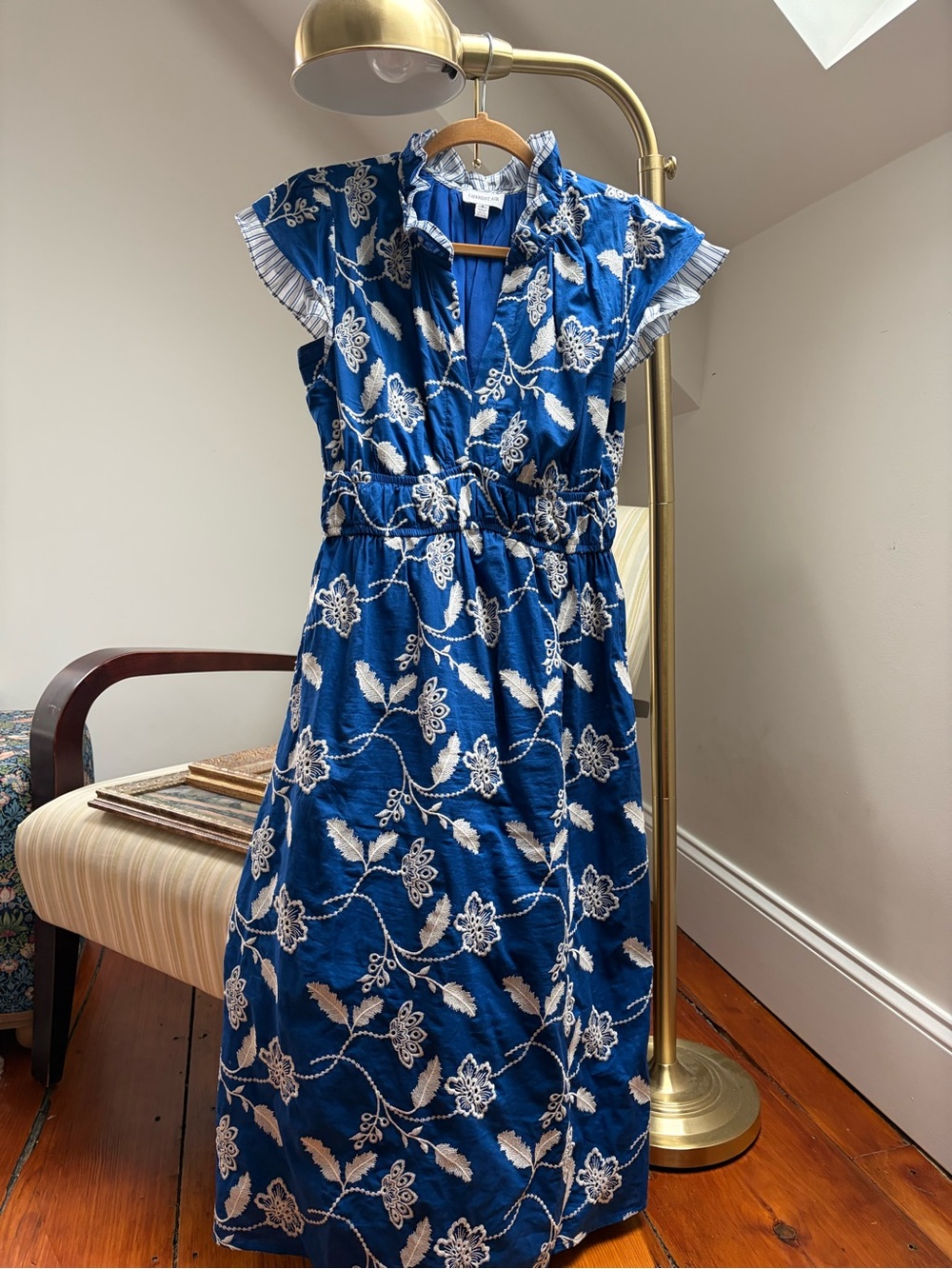Current Air Embroidered Cotton Dress (Blue and white)